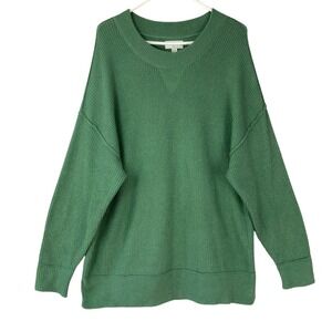 Aerie Green Ribbed Oversized Sweater Small Pullover Crew Neck Long Sleeve Slit